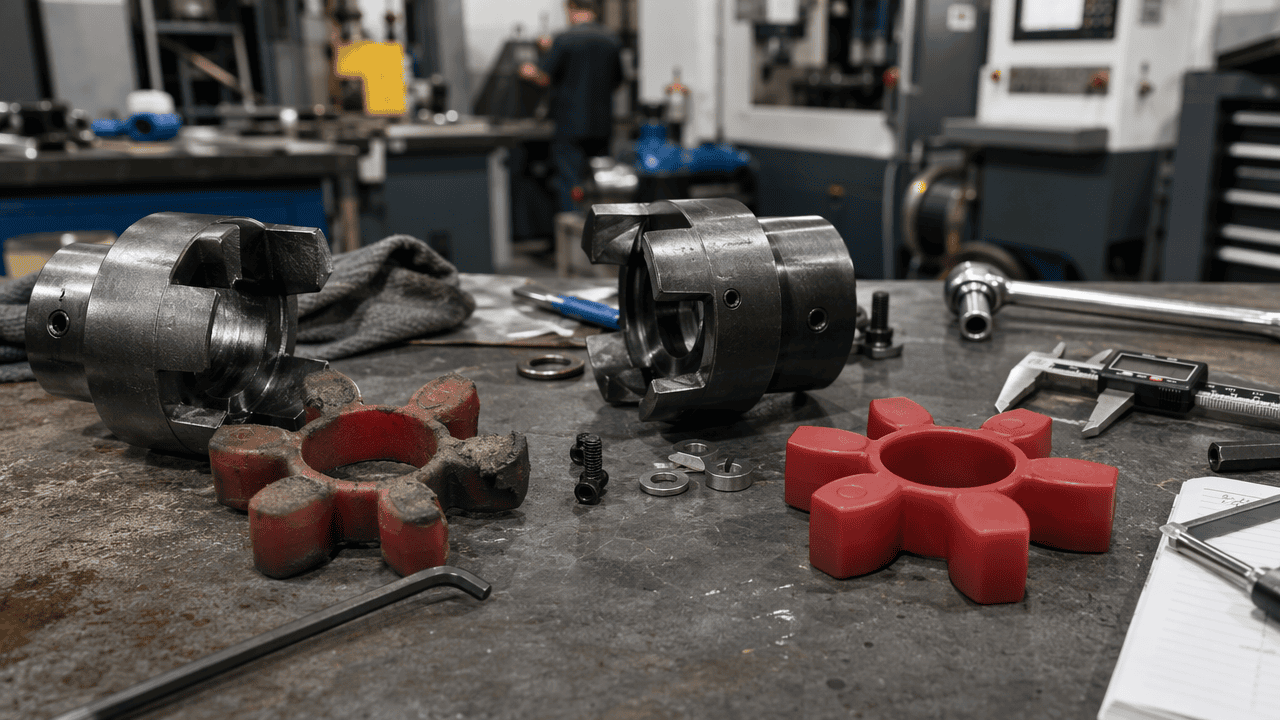 Industrial jaw coupling elastomer failure causes diagram showing shaft misalignment torque and wear patterns