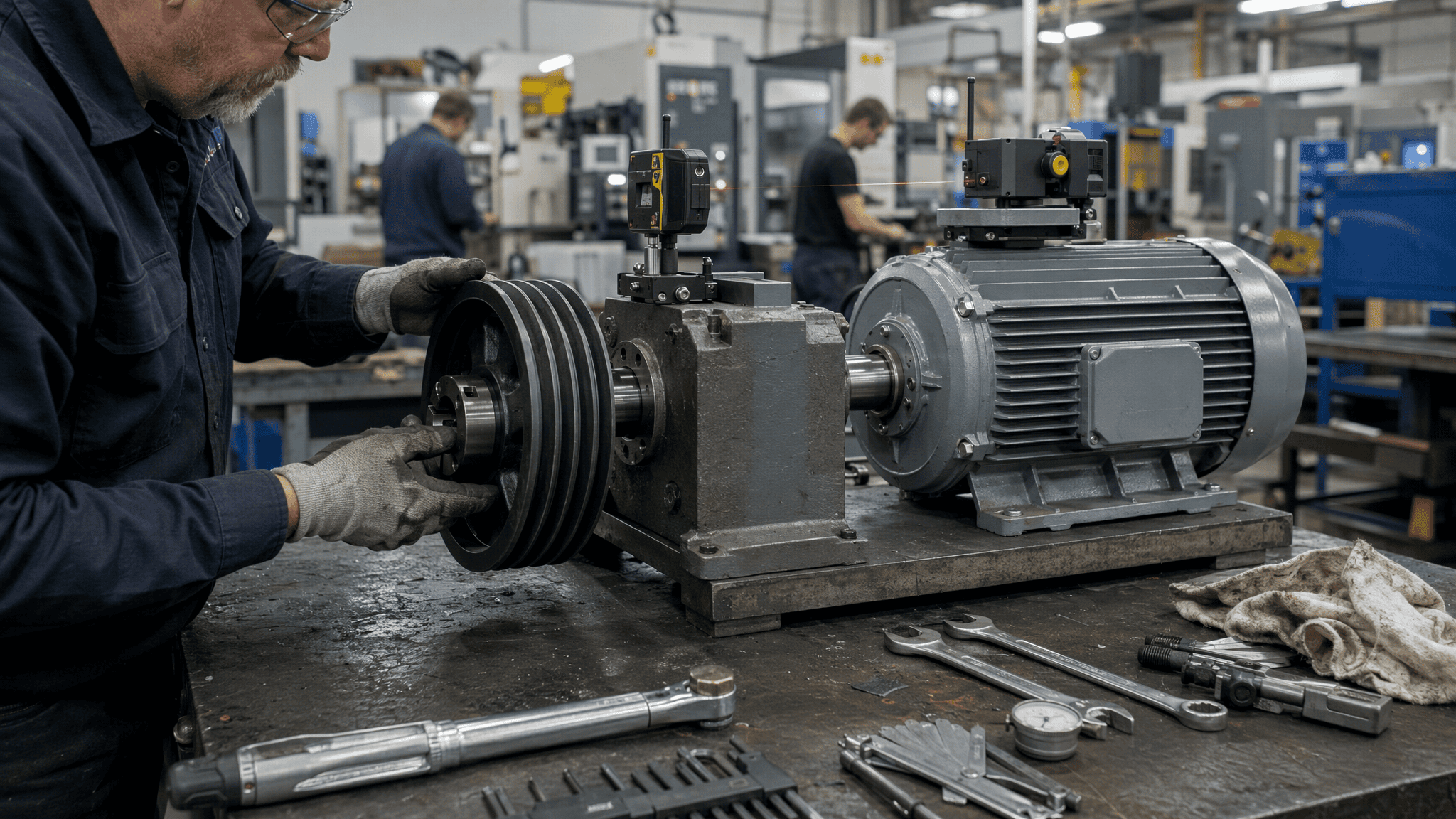 Industrial V-belt pulley installation procedure showing shaft alignment belt tension adjustment and torque tightening sequence