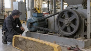 Maintenance technician inspecting an industrial V-belt and pulley drive
