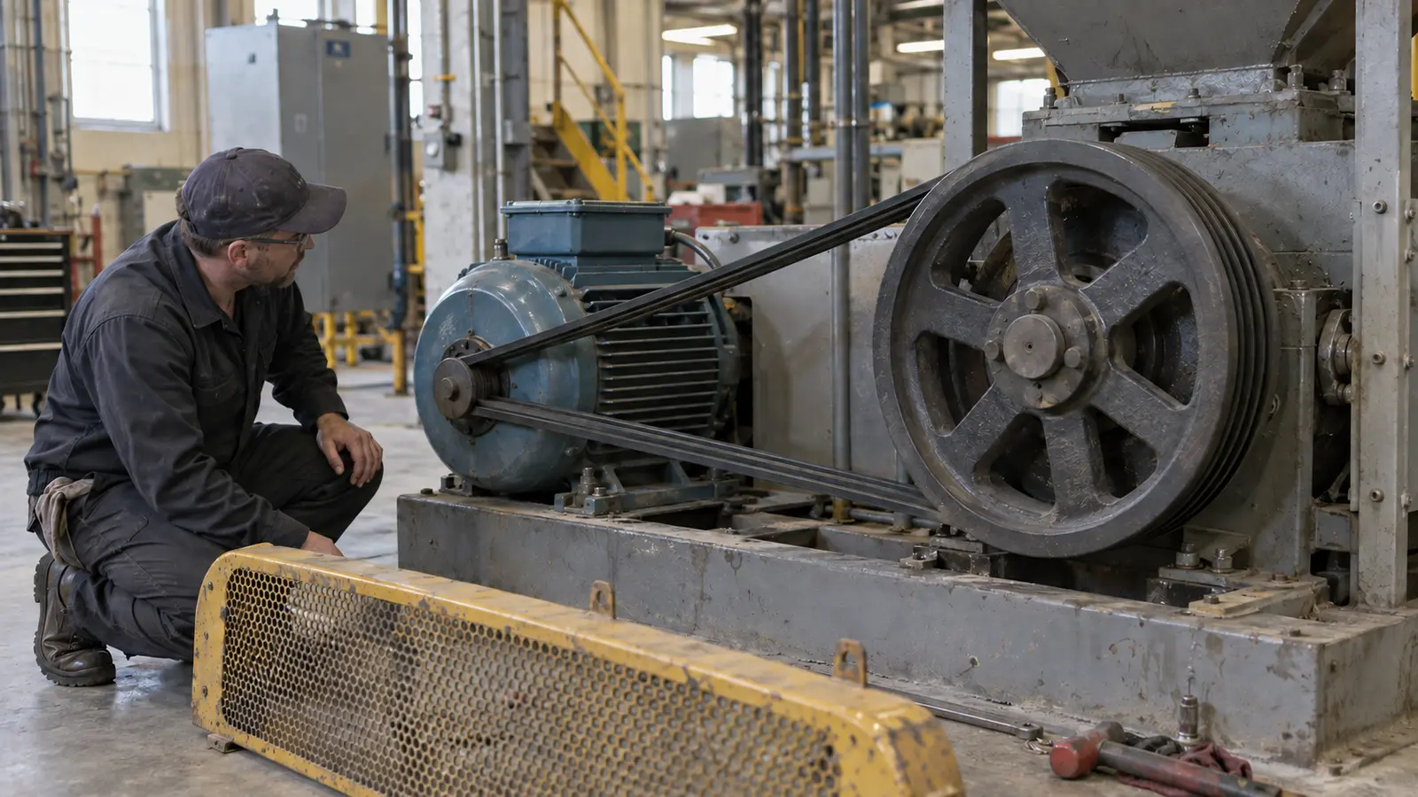 Maintenance technician inspecting an industrial V-belt and pulley drive