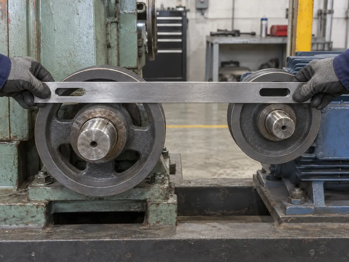 Precision straightedge contacting the machined faces of two V-belt pulleys during alignment