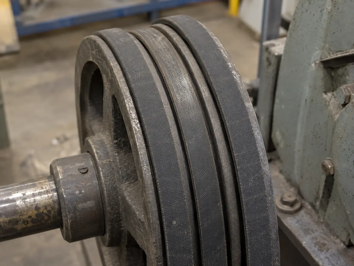 Three matching V-belts with the middle belt sitting lower in a worn pulley groove